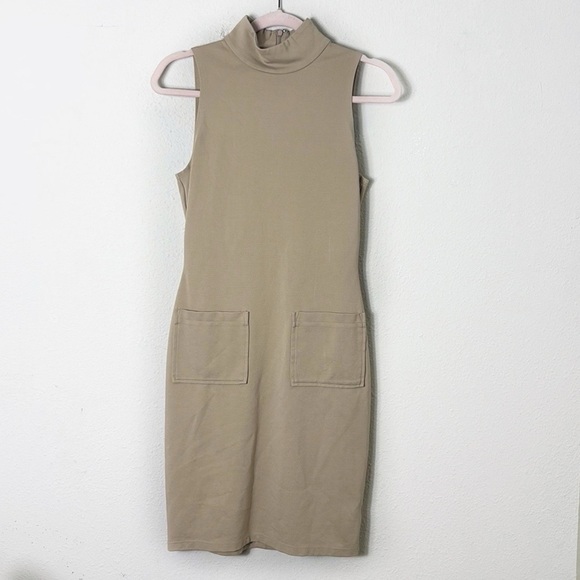Reformation Mock Neck Bodycon Dress Tan Knee Length Stretch Knit Sleeveless Sz S - Picture 9 of 9